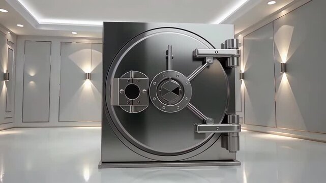 Modern bank vault door in a clean and spacious interior.