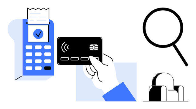 Hand holding a contactless card near a card reader with receipt, magnifying glass for search, and a printer. Ideal for finance, e-commerce, verification, retail, banking, technology simple flat