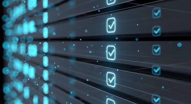 A digital interface showcasing a series of glowing blue checkmark icons on a dark abstract background
