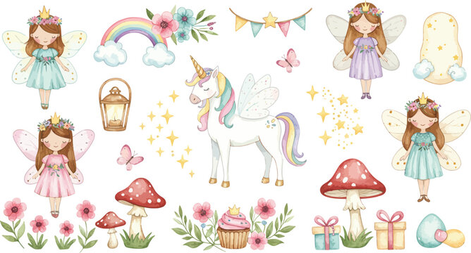 Whimsical illustrations of fairy tale princesses and magical creatures in a fantastical garden setting with flowers and mushrooms