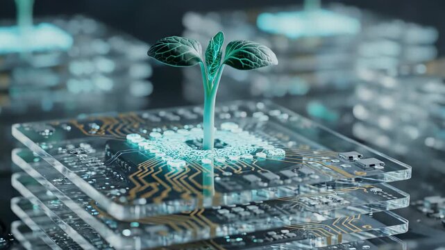 Green plant sprouting from futuristic circuit board symbolizing technology and environmental growth.