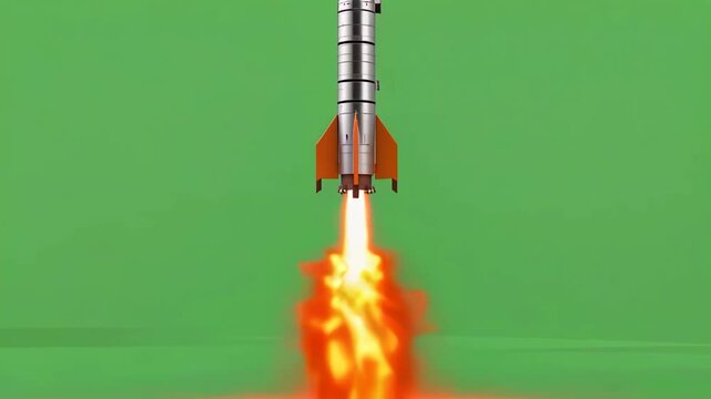 Rocket launching with fiery exhaust against green background.