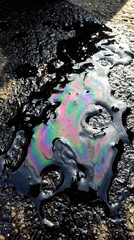 Fototapeta premium Rainbow iridescent oil puddle on sunlit asphalt with colorful sheen for abstract texture background and wallpaper design