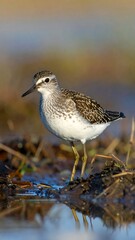 Fototapeta premium A small shorebird stands in shallow water with a blurred background