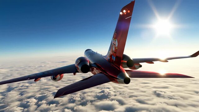 Commercial airplane flying above the clouds during a bright sunny day.