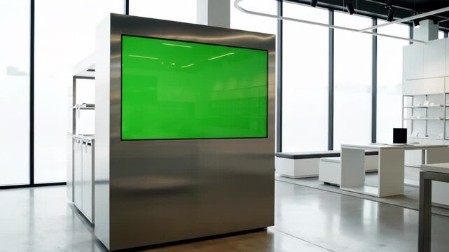 Modern office interior with large green digital display and contemporary furniture.