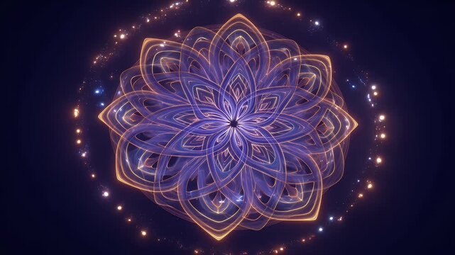 Intricate glowing golden-purple mandala shimmers against a dark, star-dusted cosmic sky