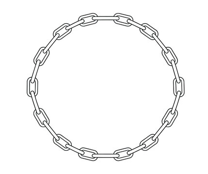 Texture chain round frame vector, circle border chains silhouette black and white, isolated on background, minimal decorative frame for design, label, and emblem projects.