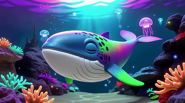Colorful underwater scene with a smiling cartoon whale surrounded by coral and jellyfish.