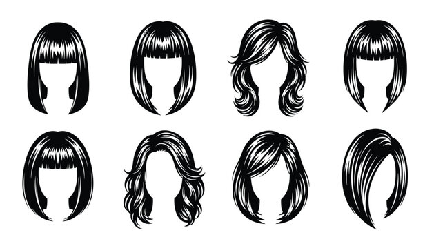 Eight different black and white illustrations of womens haircuts and hairstyles