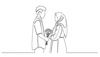 Obraz premium A muslim man in a graduation gown giving a bouquet of flowers to a muslim woman wearing a hijab