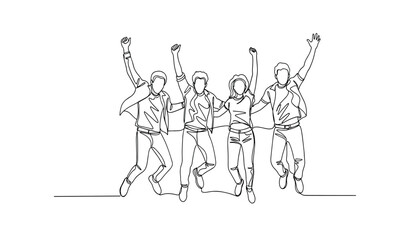 Obraz premium Four people jumping in the air with their arms raised in celebration and excitement together