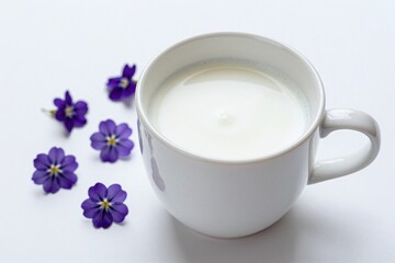 Obraz premium A white bowl filled with milk next to purple flowers