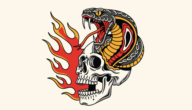 A snake emerges from a flaming skull its mouth open in a fierce hiss symbolizing danger and mortality in a striking visual representation
