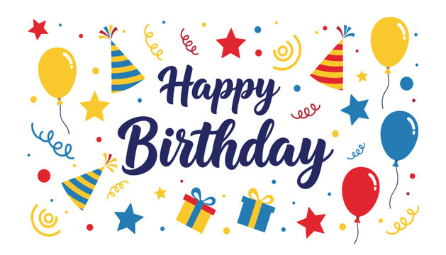 Vibrant happy birthday celebration with colorful balloons and party hats