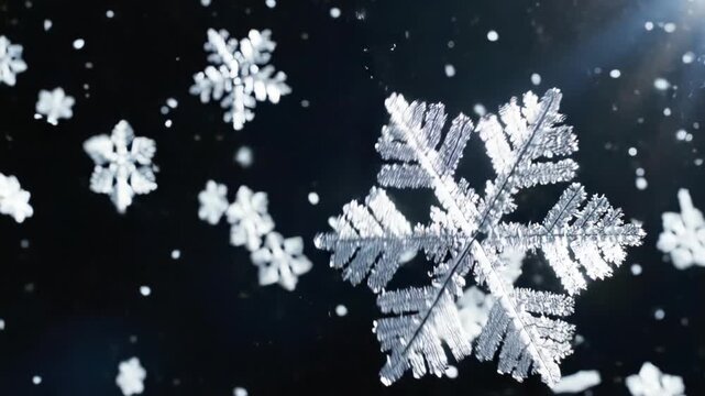 Close-up view of detailed snowflakes with dark background and falling snow particles.