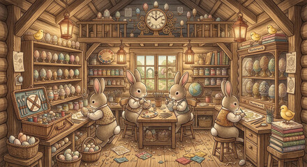 Fototapeta premium Easter Bunny Workshop Inside a cozy wooden workshop where bunnies are hand-painting intricate Easter eggs, shelves full of colors and patterns, warm lighting, highly detailed