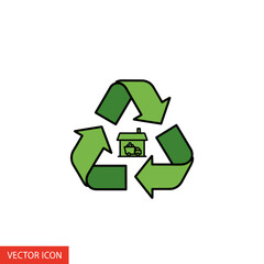 Fototapeta premium Recycling symbol with house and truck icon, eco-friendly logistics, sustainable city concept