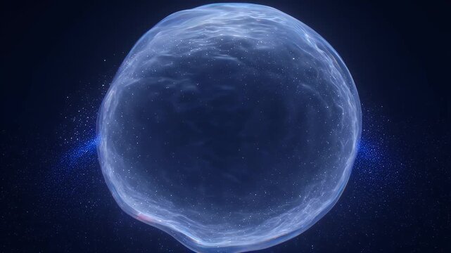 Translucent blue energy sphere emits shimmering particle streams within deep starry cosmos