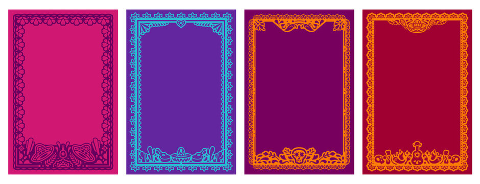Mexican papel picado holiday border frames for Hispanic fiesta festival invitation, vector borders. Mexican papel picado frames with sombrero, calavera skull and guitar paper cut ornaments for banners