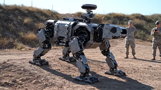 Robotic dog with military personnel nearby.