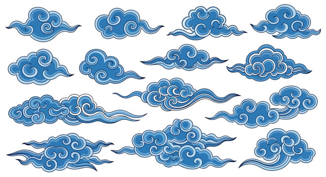 Vintage seamless vector pattern set featuring blue floral ornaments and sea shells with elegant water wave scrolls for decorative wallpaper borders and frames