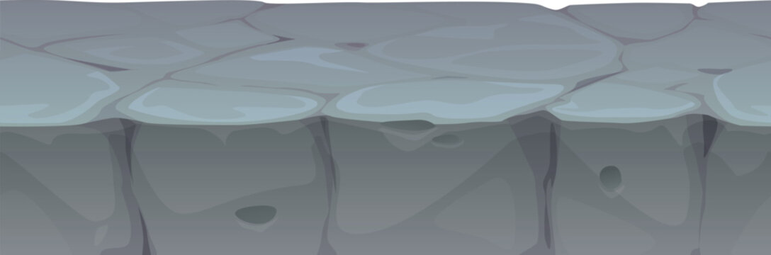 Game ground soil layers of stone and rocky terrain. Cartoon vector ground layer with rocky stone texture and cracked soil. Grey terrain with uneven blocks for game backgrounds and landscape assets