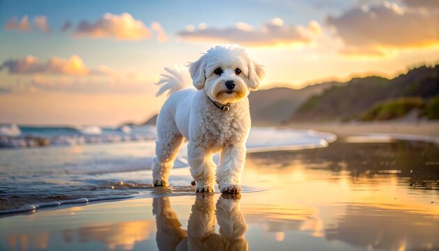 A small white dog on a beach at sunset