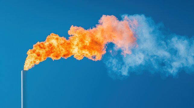 Oil Flames rising from a gas flare stack at an oil production facility.