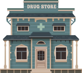 Obraz premium Western town drug store cartoon building. US Western architecture wooden construction, American ancient drug store vector house facade. Texas Wild West town pharmacy porch or two storey building