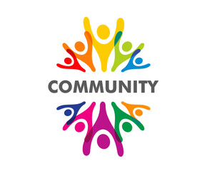 Fototapeta premium Happy family, people union, human community icon featuring abstract human figures with raised hands. Vibrant vector circular composition for nonprofit organization, family center, social initiative