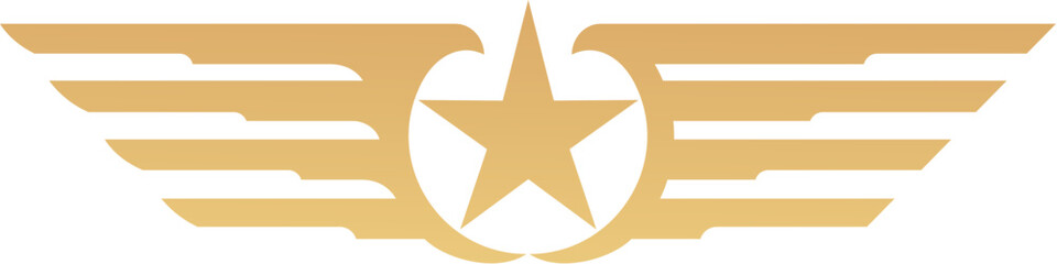 Obraz premium Golden wings emblem icon. Majestic golden emblem featuring symmetrical wings spread wide in flight, with star at its center. Powerful vector symbol for elite corporate branding or leadership award