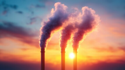 Fototapeta premium Pollution Industrial chimneys emitting smoke at sunset, creating a dramatic scene.