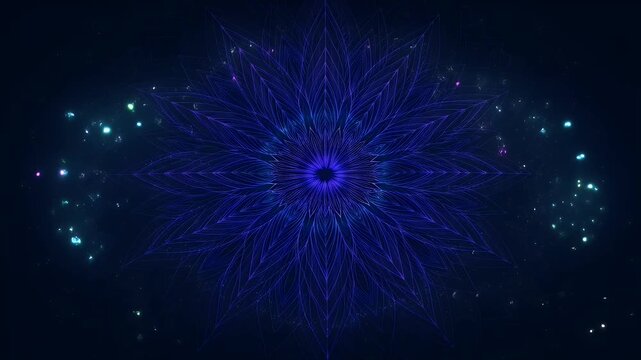 Vibrant glowing purple and blue intricate symmetrical floral mandala with scattered particles