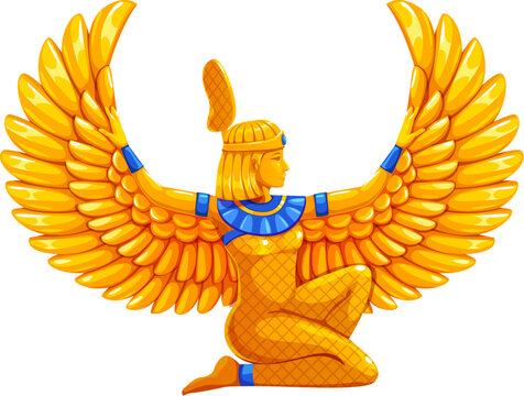 Ancient golden winged Egyptian goddess, Isis or Maat statue. Egypt game icon, treasure asset. Cartoon vector Egypt civilization deity with wide gold wings in kneeling pose, sacred symbol of protection