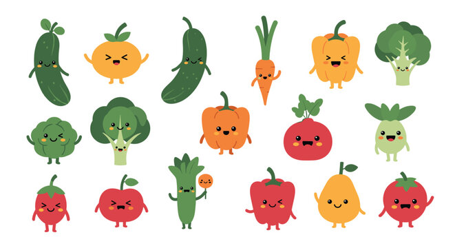 Large group of cute vegetable characters with arms legs and expressive faces in various fun poses on a white base.