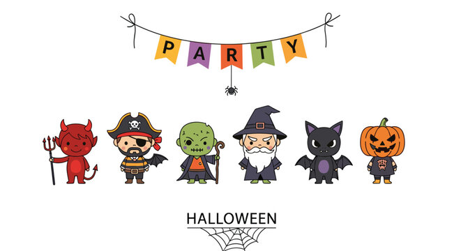Halloween party banner featuring cute spooky characters like a devil pirate zombie wizard bat and pumpkin head.