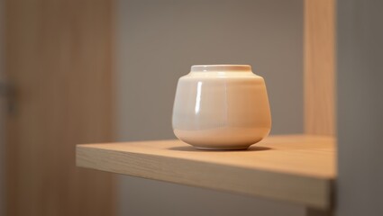 Mockup glossy ceramic vase wooden shelf displayed with warm studio light