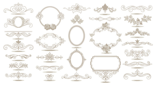 Set of vintage ornate frames and calligraphic border design elements featuring victorian floral scroll patterns and decorative retro ornament illustrations