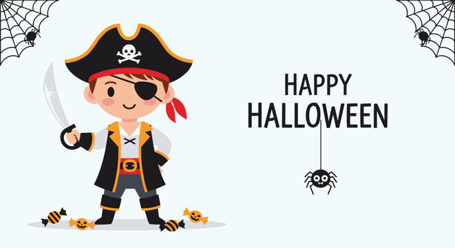 Young boy dressed in a pirate costume with a sword and eye patch for Halloween with a happy Halloween greeting.