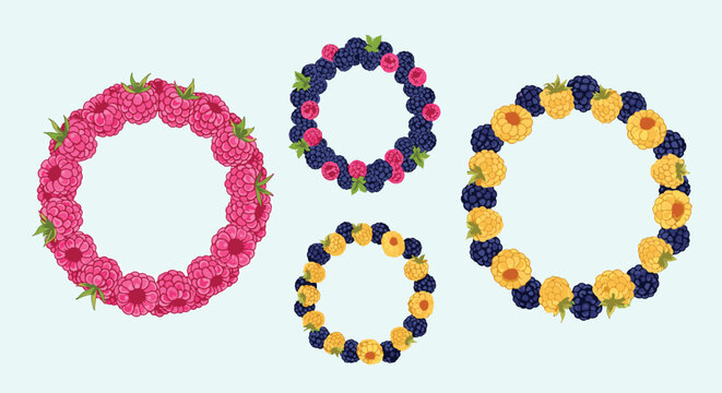 Four decorative wreaths made of various berries including raspberries, blackberries, and yellow raspberries on a light blue background.