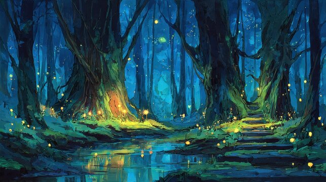 Enchanting Pixel Art Forest Scene at Night with Glowing Fireflies and Reflective Water Creating a Magical and Mysterious Atmosphere