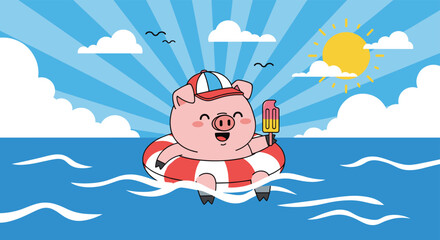 Naklejka premium Cute pig wearing a cap floating in a swim ring on the sea and holding a popsicle on a sunny summer day.