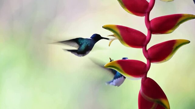 Majestic shot of Hummingbird hovering amidst lobster claw flower with its wings. nature wonder concept. 