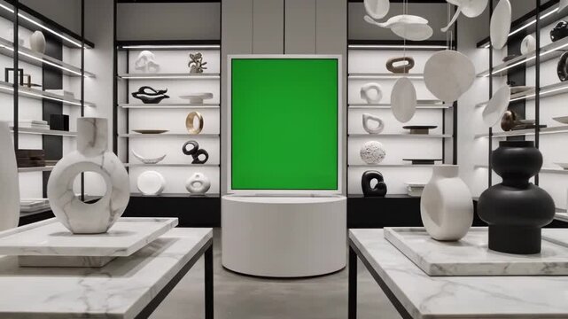 Modern interior of a contemporary art gallery with sculptures and a green display screen.