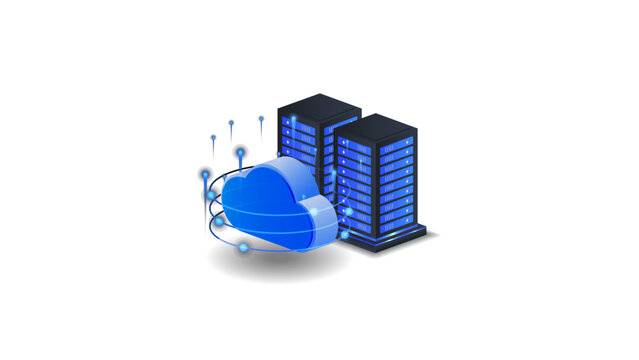 Ai cloud computing isometric vector illustration. Cloud Computing Technology Concept with Digital Data Storage.