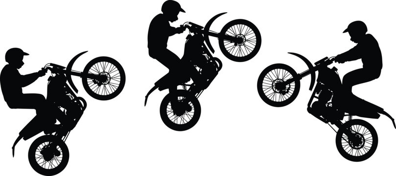 Silhouette of motocross rider performing wheelie stunts on dirt bike, showcasing extreme sport, action, and adventure isolated on light background