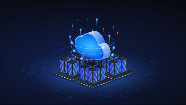 Ai cloud computing isometric vector illustration. cloud computing infrastructure technology concept with digital data center.