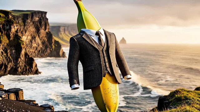 A surreal scene featuring a banana wearing a suit stands on a cliffside