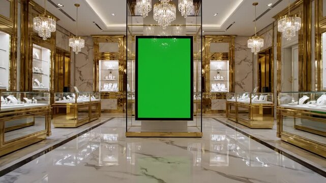 Luxurious jewelry store interior with elegant display cases and marble flooring.